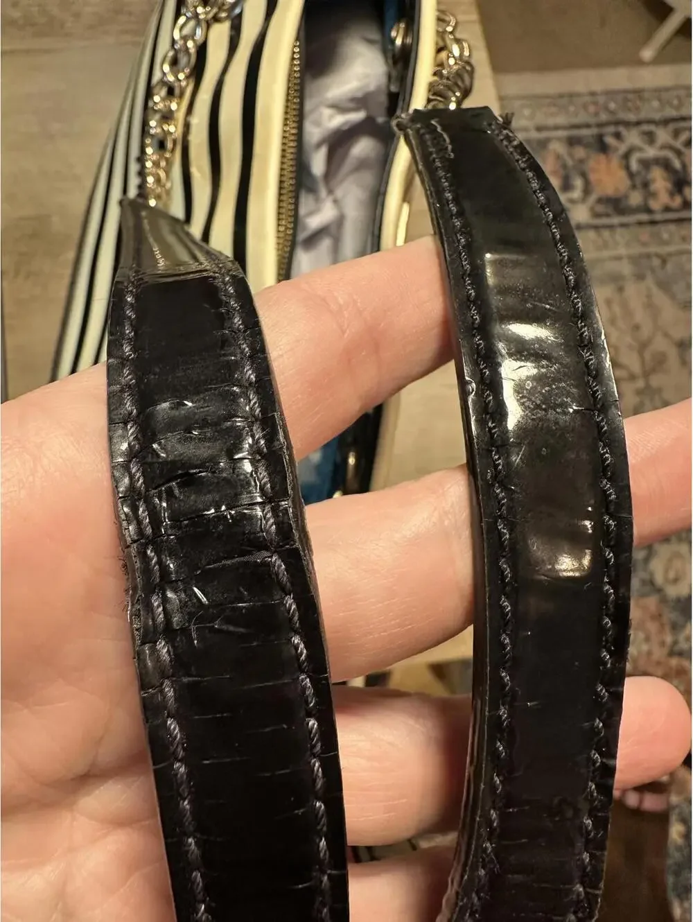 Kate Spade Black and White Striped Patent Leather Tote Bag